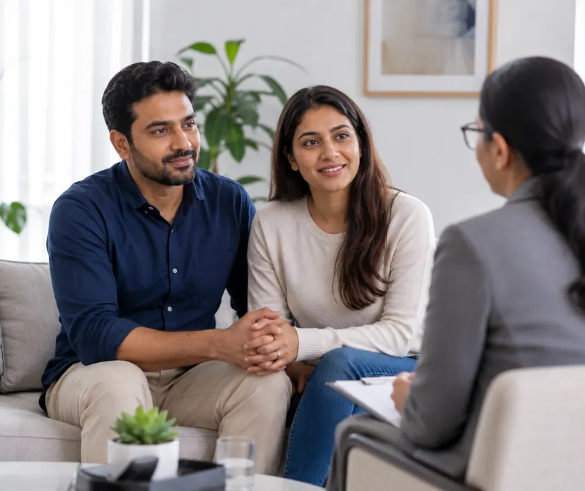 Couple in a discreet men's health consultation in Surat
